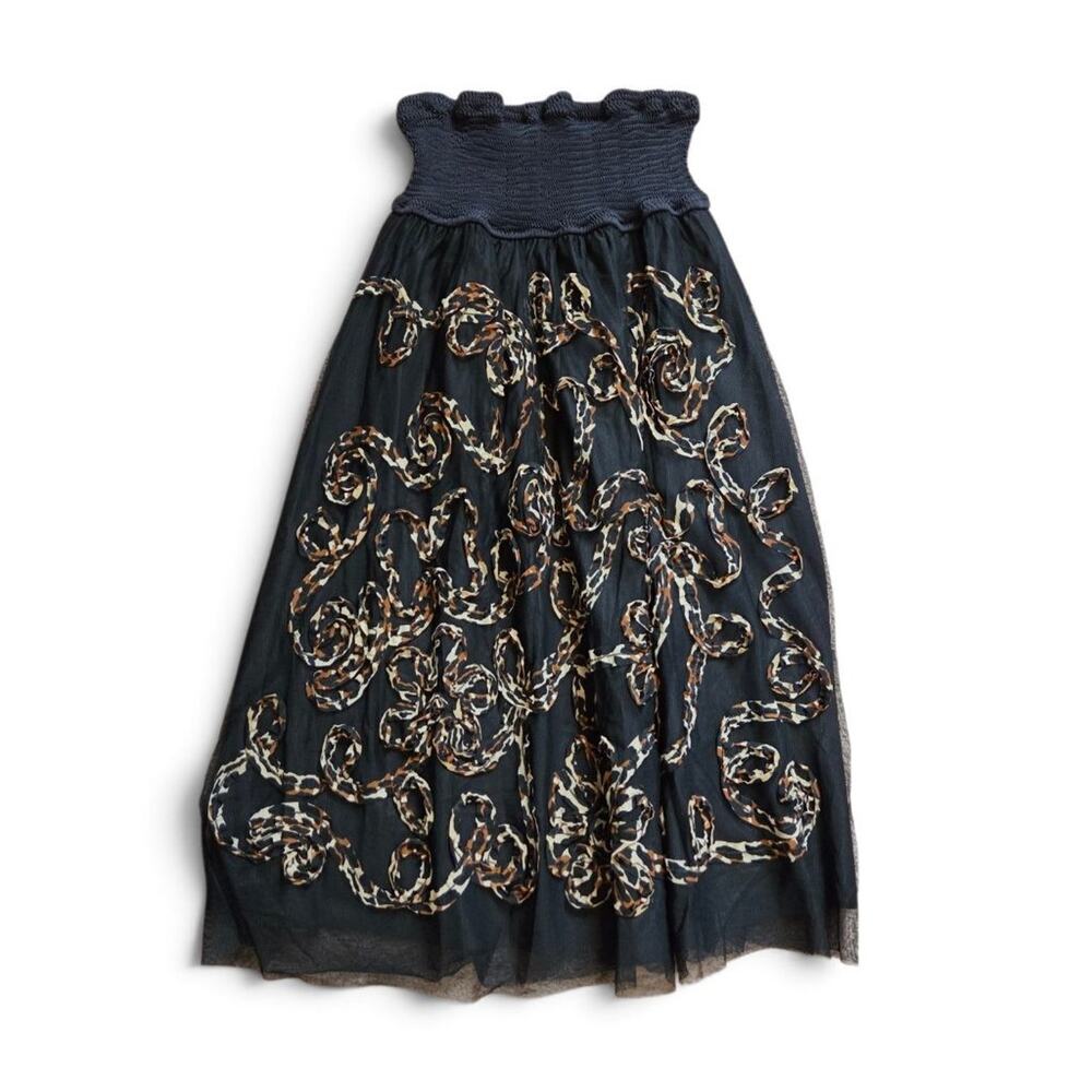 Betsey Johnson Swim Black Mesh Leopard Ribbon Smocked Convertible Coverup Skirt